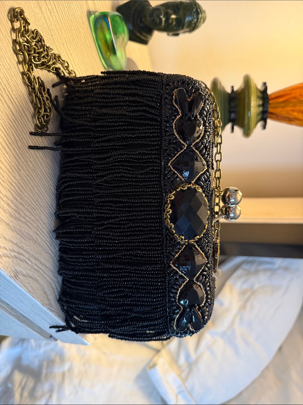 Lolita Black Beaded Fringe Clutch with Faceted Gem Accents